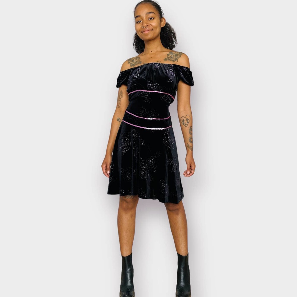 Y2K Black‎ Velour Dress with Pink Sequin Trim